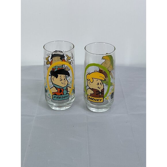 Vintage Flintstones Fred & Barney Character Glass Tumblers Set Of 2 - Picture 1 of 4